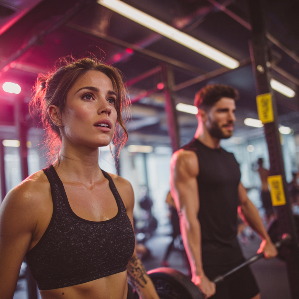 Group of smiling Romanian adults of various ages exercising together in a modern fitness studio, showing diverse body types engaged in motivational training